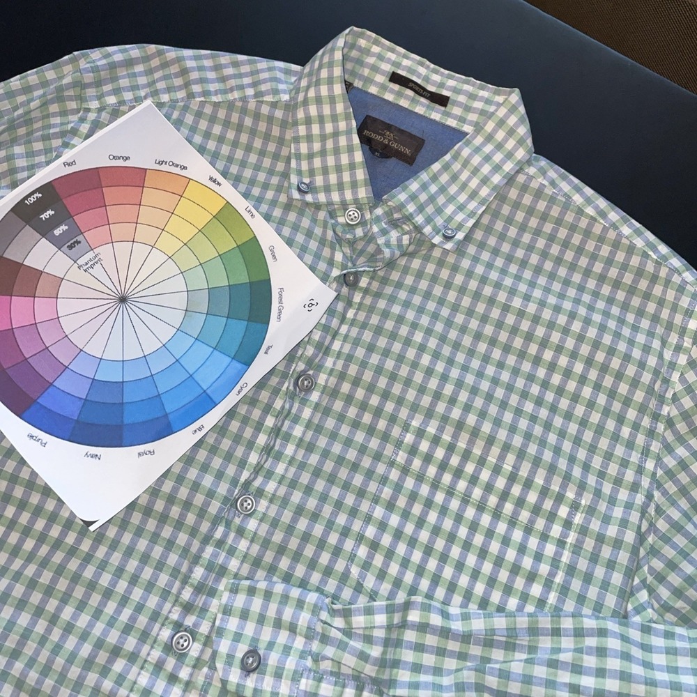 Rodd & Gunn XL Blue White Green Check Sports Fit Cotton Linen Blend Long Sleeve
